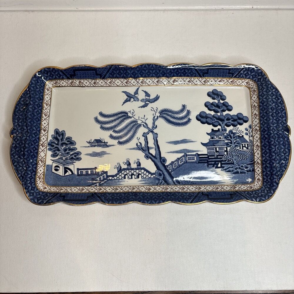 Royal Doulton Booths Real Old Willow Large Gold Trim Sandwich Plate Platter 1981